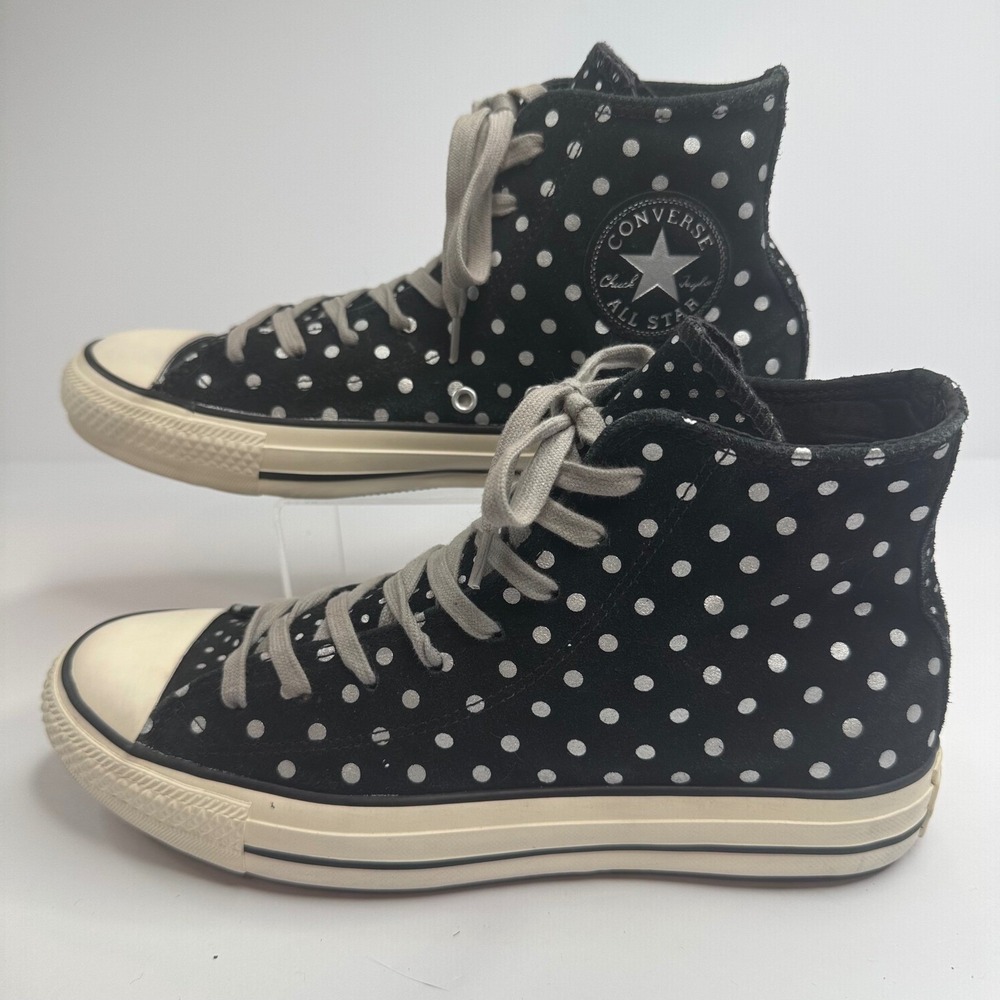 Converse Chuck Taylor All Star Hi Black Suede Silver Polka Dot Sneakers Womens 7 - Picture 2 of 7
